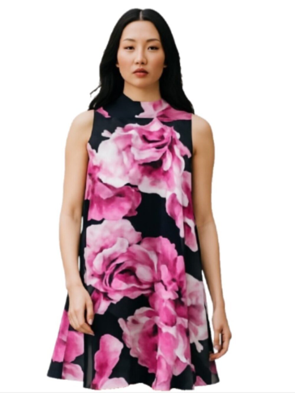 Eliza J Size 12 Multi-Colored Floral Chiffon Overlay Dress Back Zip Black Pink